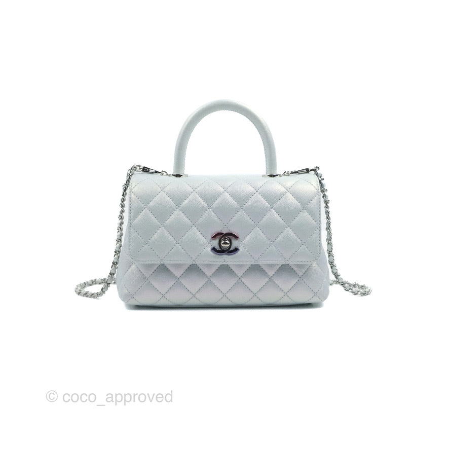 Chanel Small Coco Handle Quilted Iridescent Light Blue Caviar Rainbow Hardware