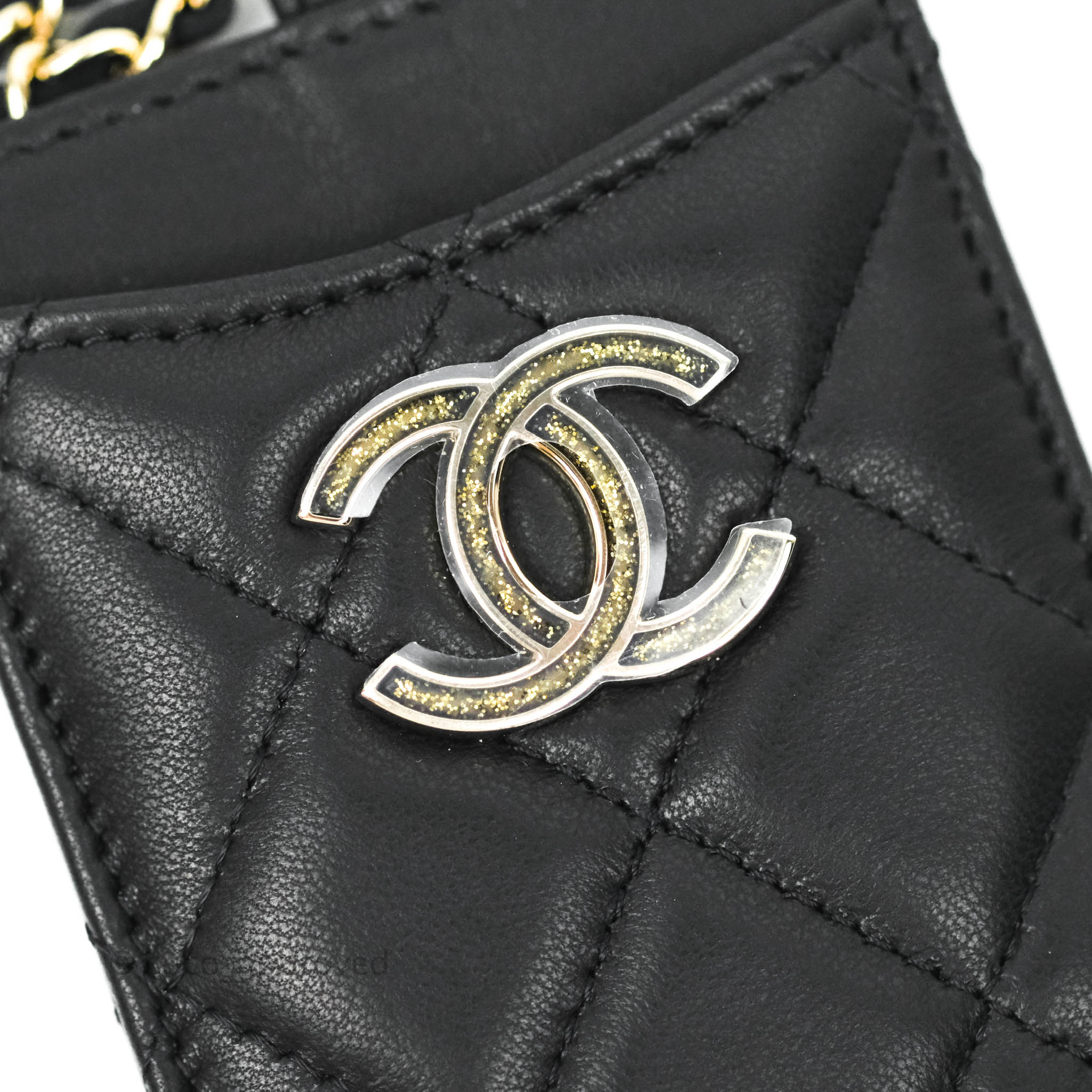 Chanel Quilted Glitter CC Chain Card Holder Black Lambskin Gold Hardwa –  Coco Approved Studio