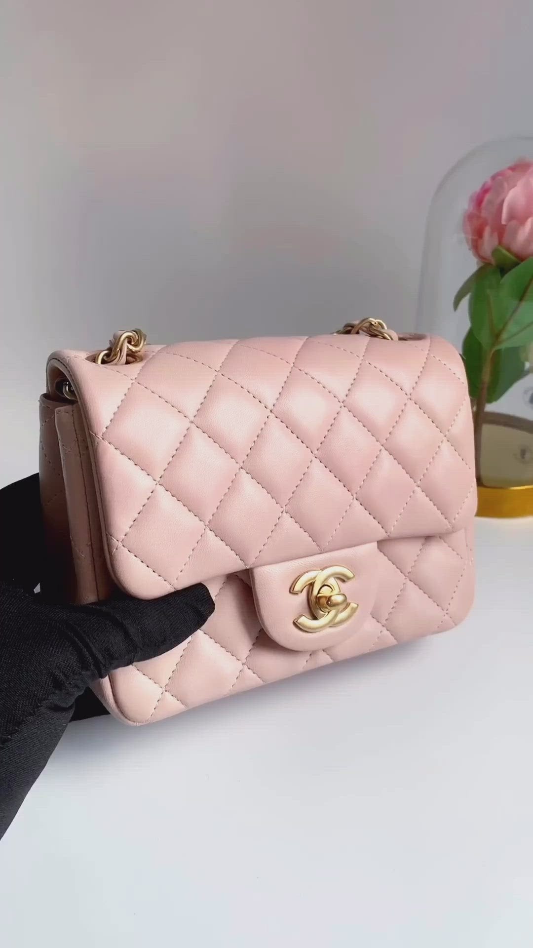 Chanel Quilted Mini Square Flap Sakura Light Pink Lambskin Gold
