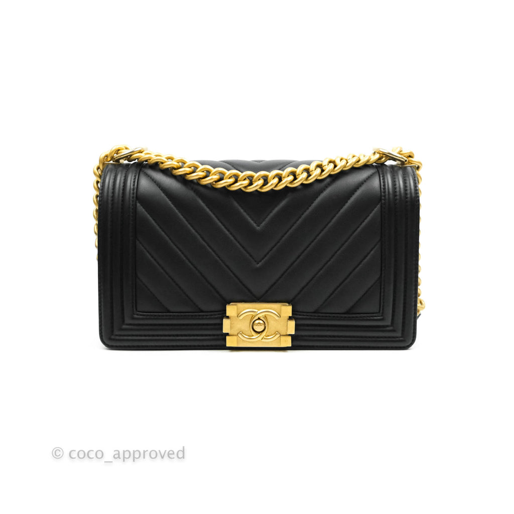 Chanel Medium Chevron Boy Black Calfskin Aged Gold Hardware