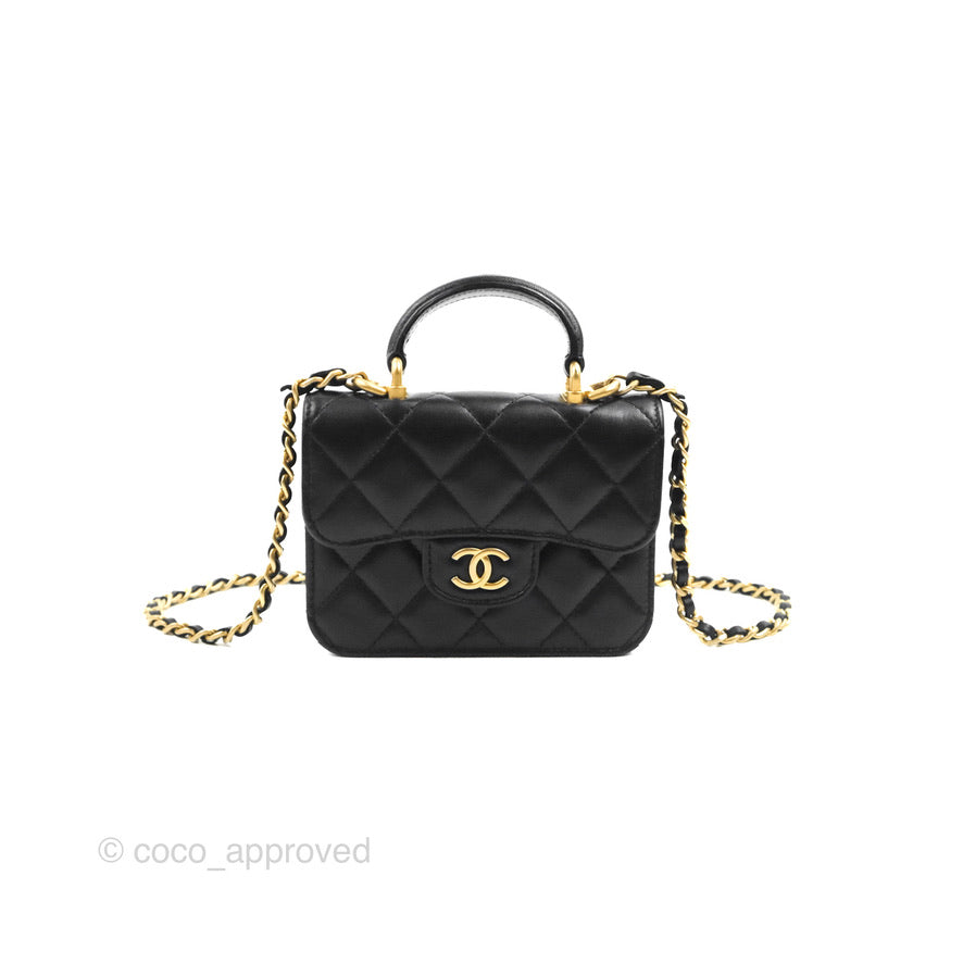 Chanel Mini Handle Flap Coin Purse With Chain Black Lambskin Gold Hardware