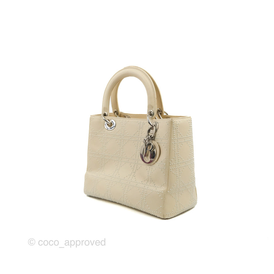 Christian Dior Lady Dior White Studded Light Beige Silver Hardware