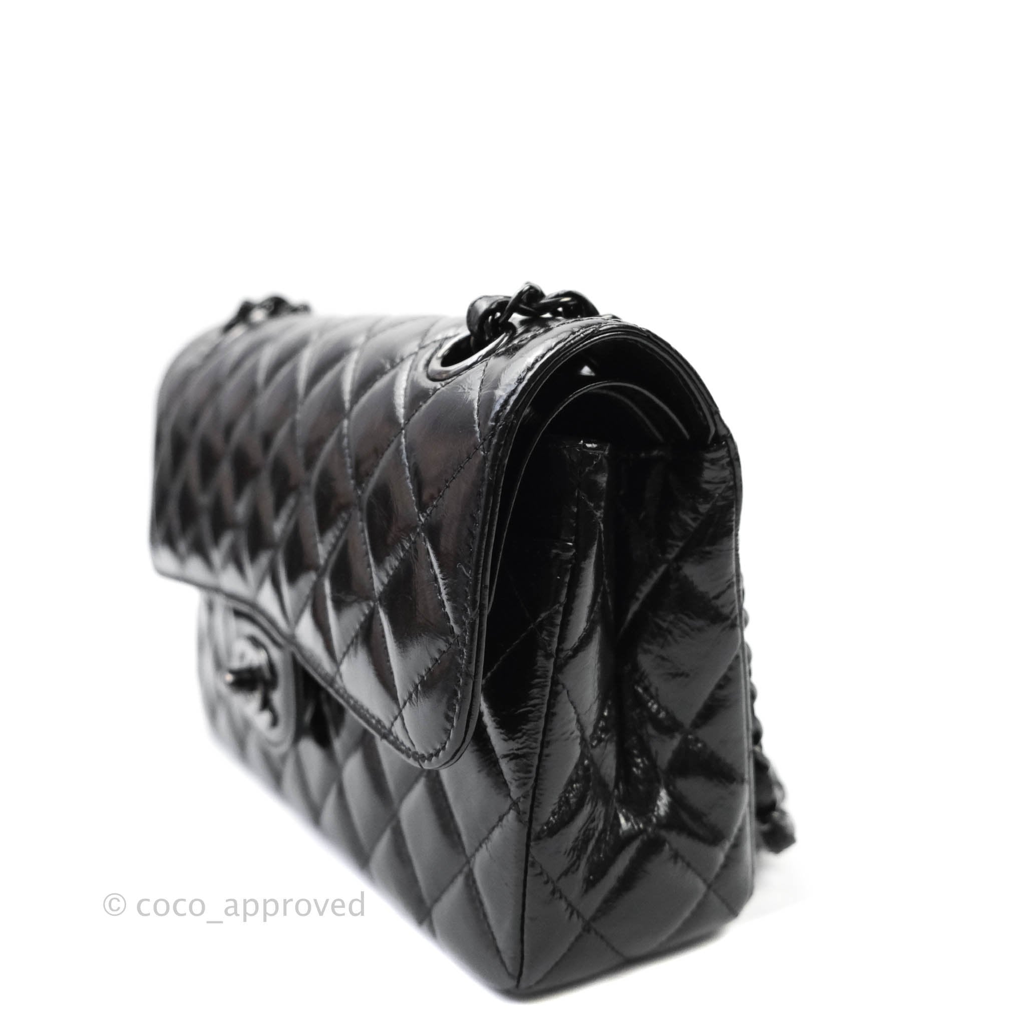 Chanel So Black Classic Double Flap Bag Quilted Shiny Crumpled