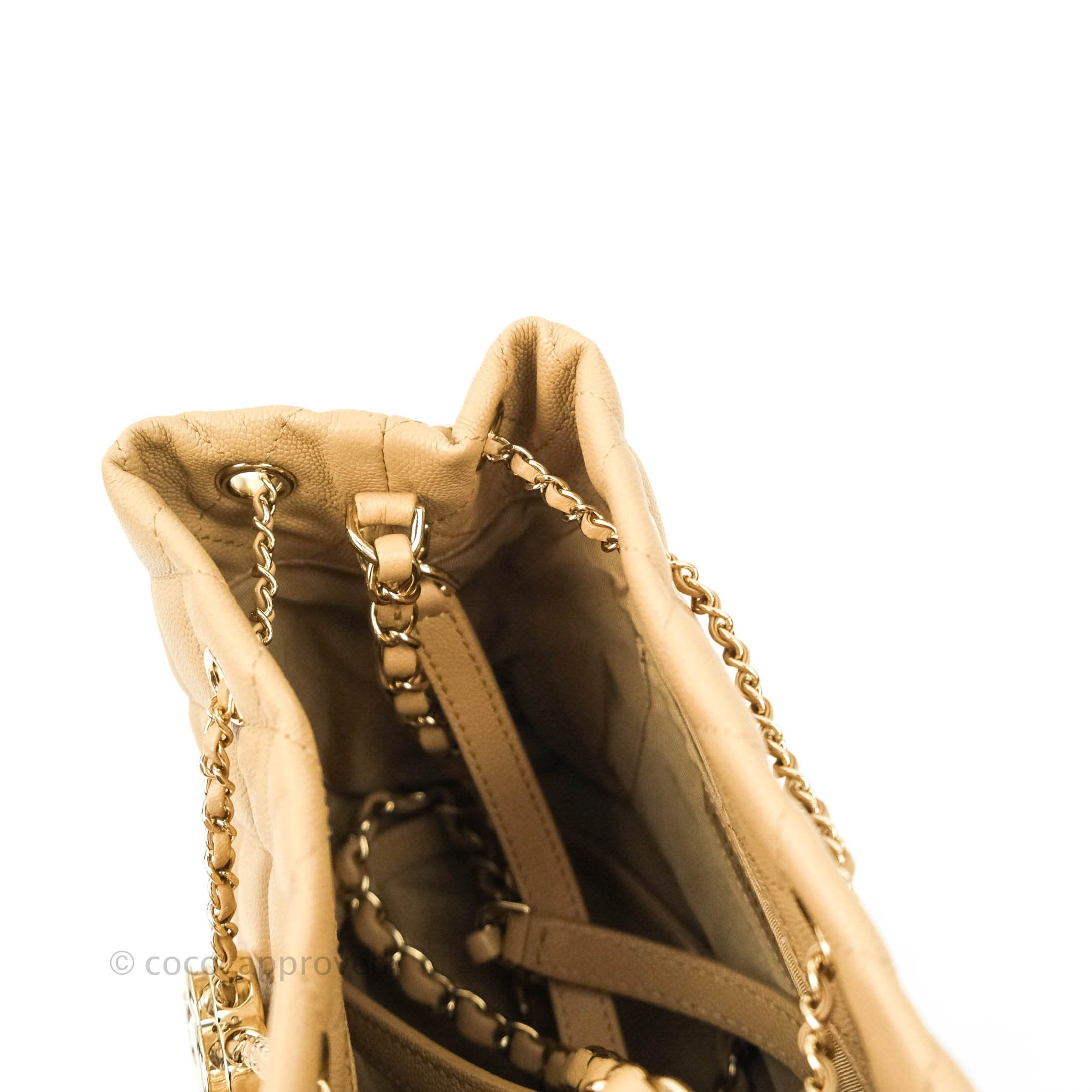 Chanel Caviar Quilted Rolled Up Bucket Drawstring Bag Beige Gold