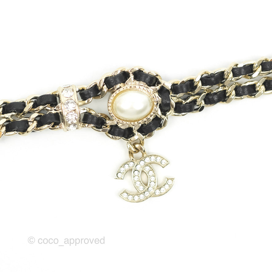 Chanel Black Leather Chain Braided Pearl Crystal CC Drop Choker