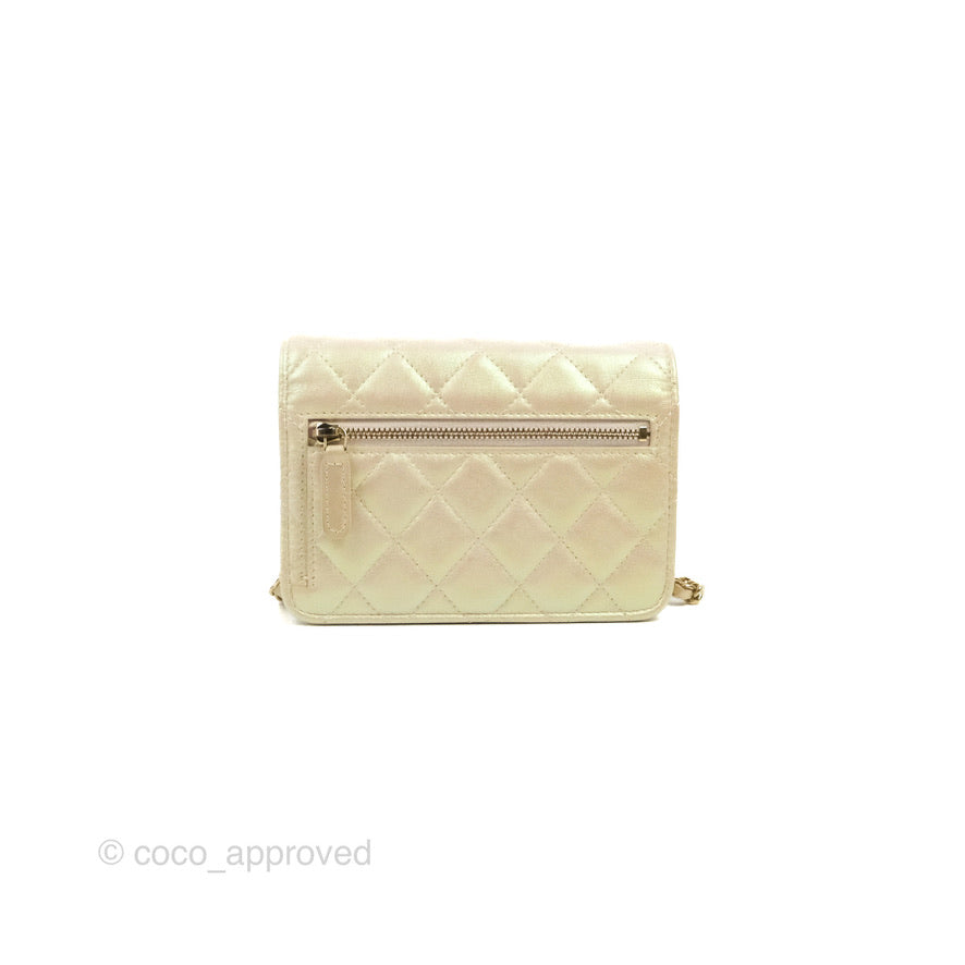 Chanel Quilted Mini Wallet on Chain WOC Iridescent Ivory Gold Hardware 20B