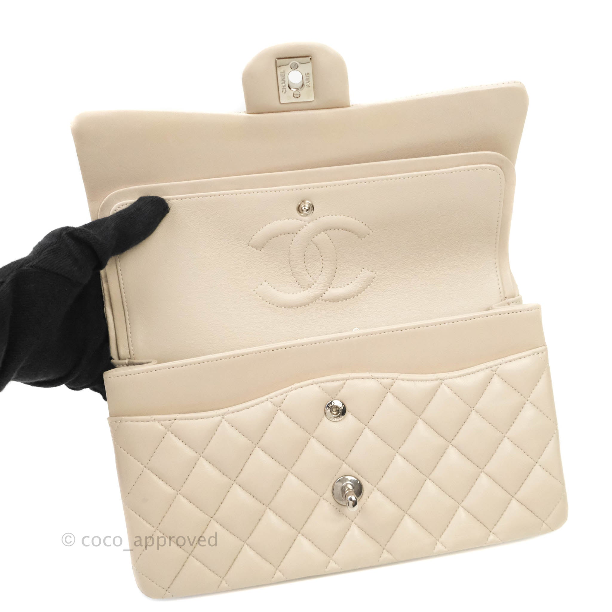 Chanel Classic M/L Medium Double Flap Cream Lambskin Silver Hardware – Coco  Approved Studio
