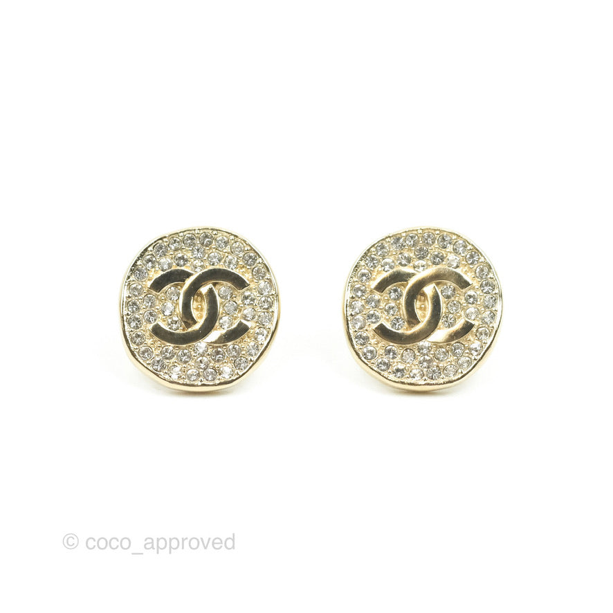 Chanel Crystal Pearl CC Earrings Gold Tone 21V