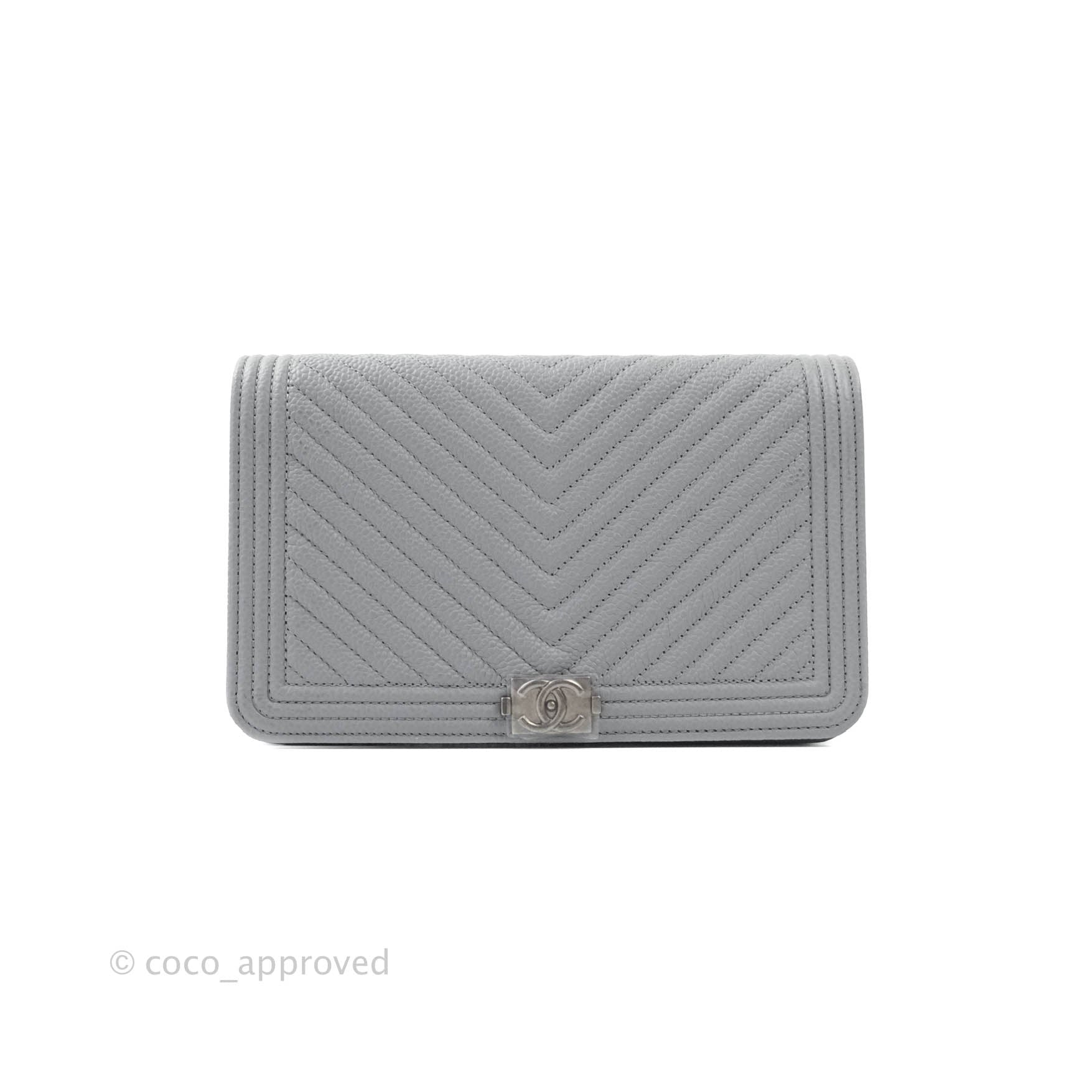 Chanel Chevron Boy Wallet on Chain WOC Grey Caviar Ruthenium Hardware –  Coco Approved Studio
