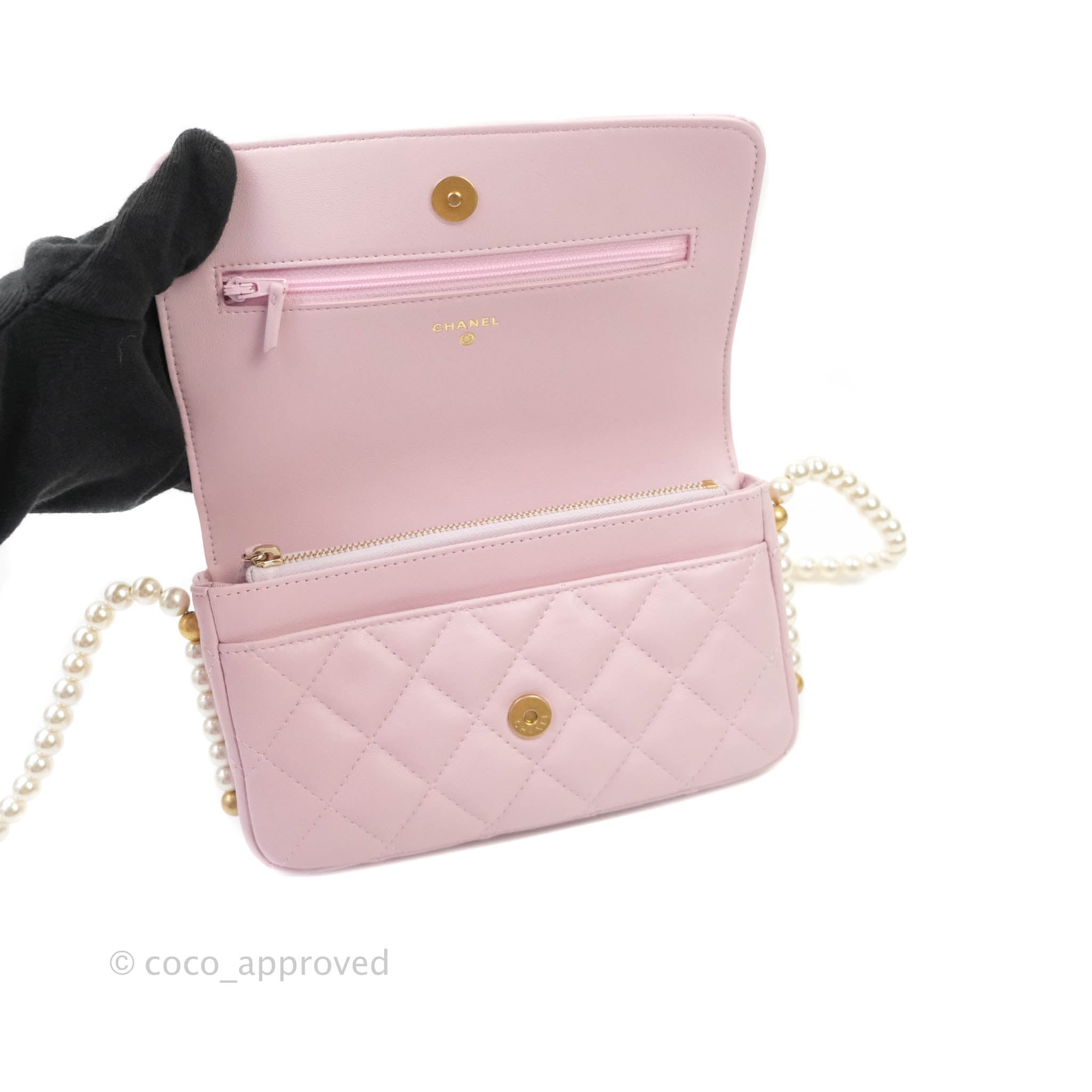 Chanel Quilted Wallet On Chain WOC With Pearl Chain Pink Aged Gold