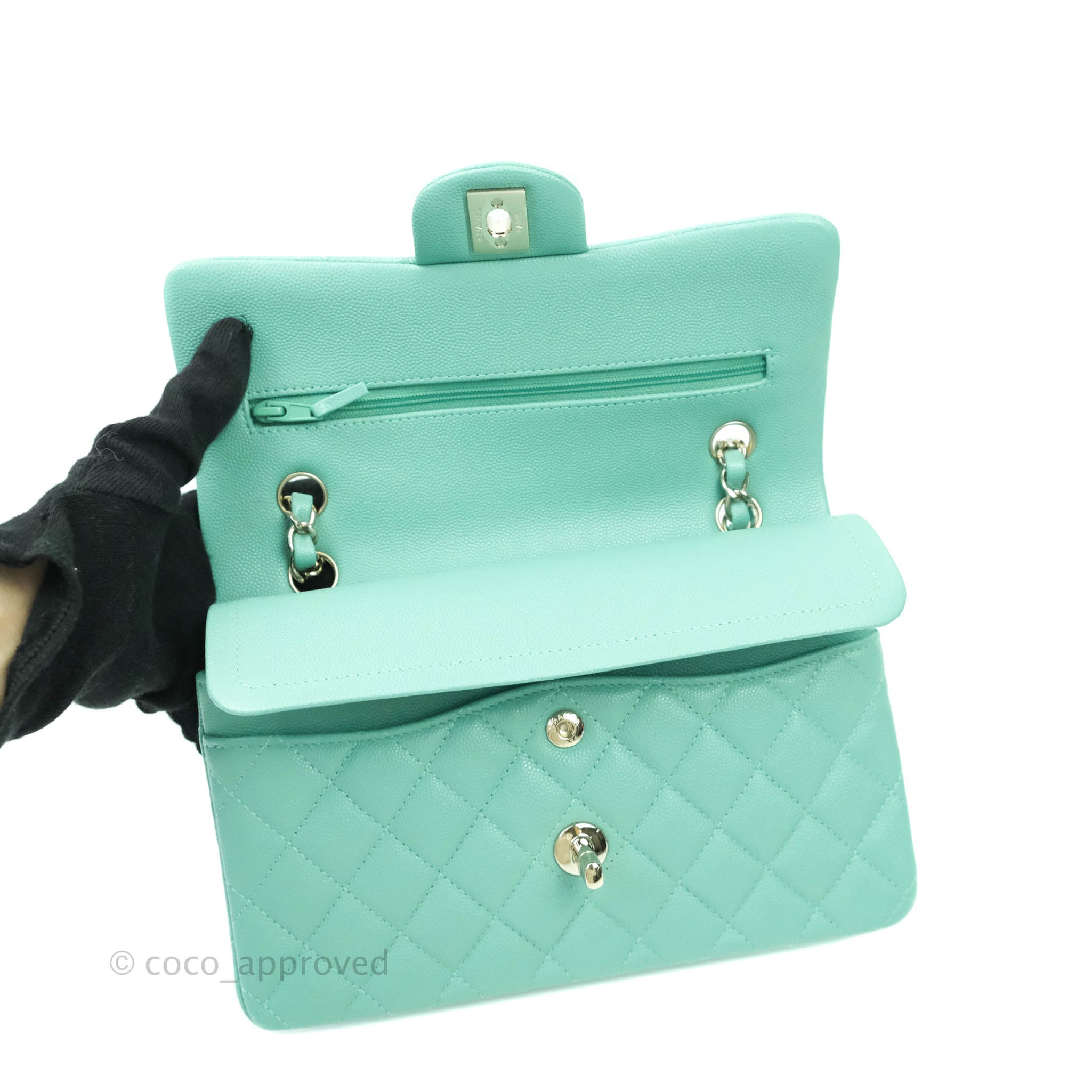 Chanel Classic Small S/M Flap Tiffany Blue Mint Caviar Gold Hardware 2 –  Coco Approved Studio