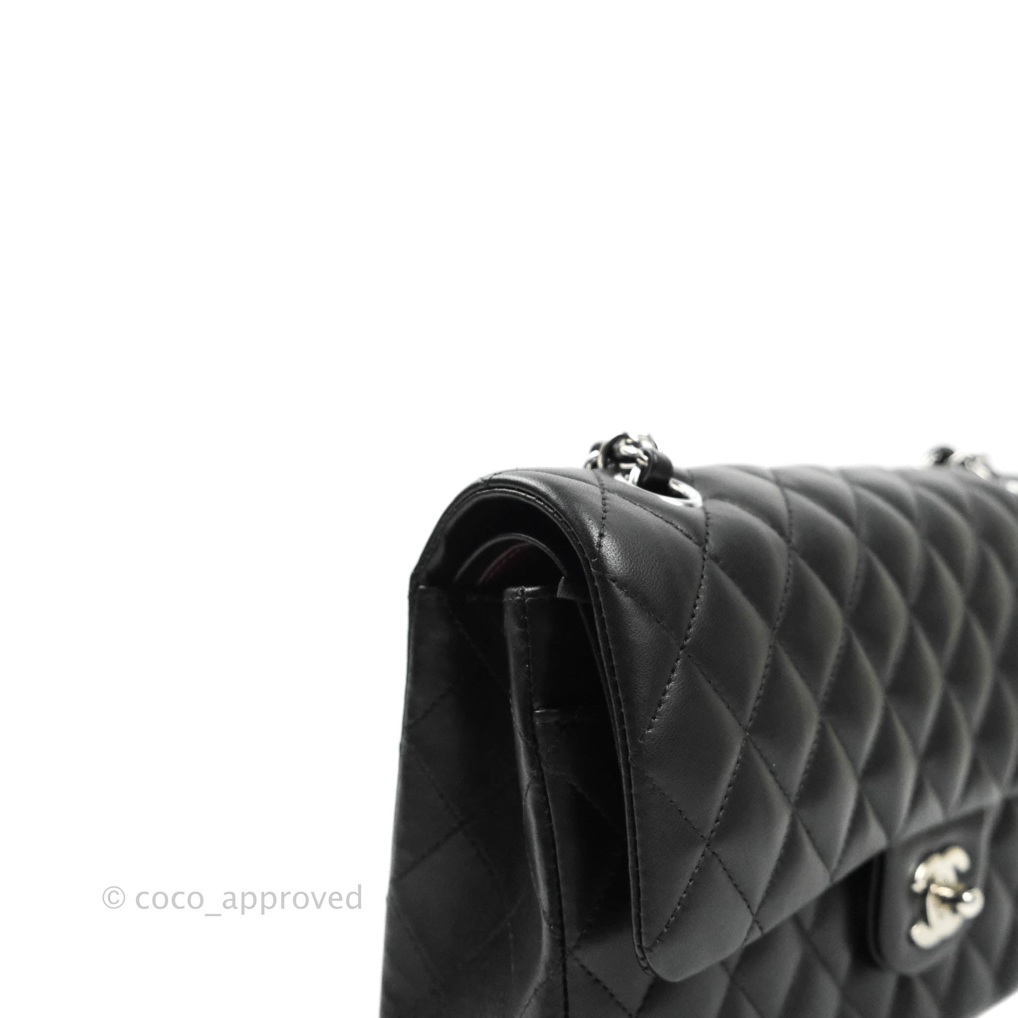 Chanel Classic M/L Medium Double Flap Black Lambskin Silver