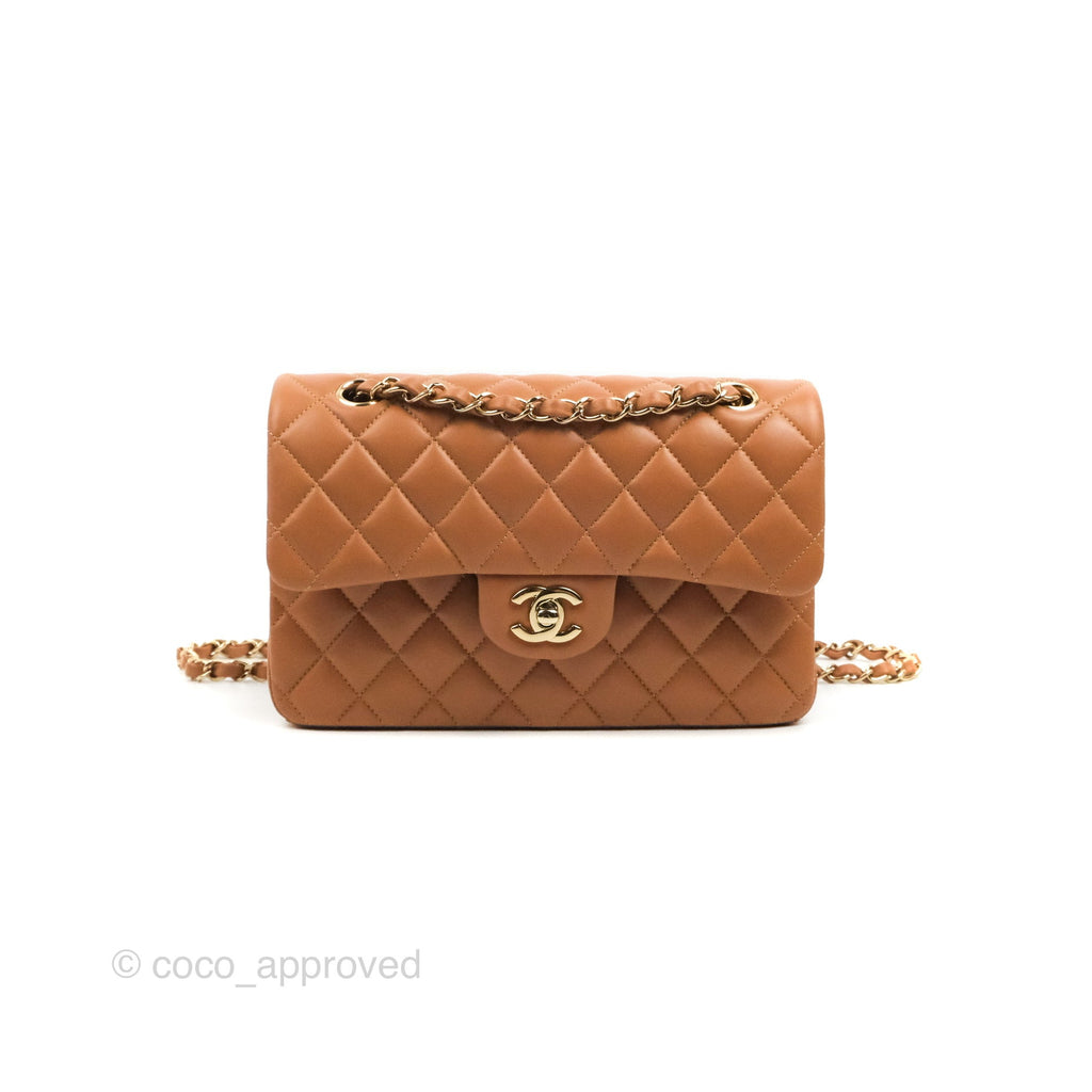 Chanel Small Classic Quilted Flap Dark Beige Caramel Lambskin Gold Hardware  21P