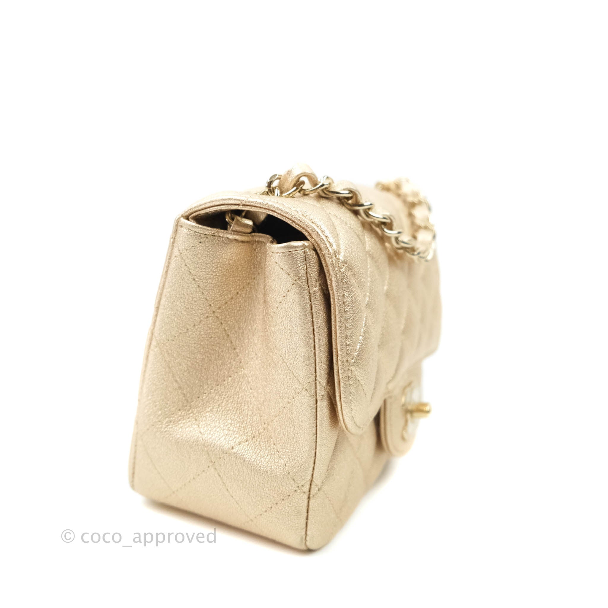 Chanel Classic Quilted Mini Square Flap Iridescent Gold Gold Hardware –  Coco Approved Studio