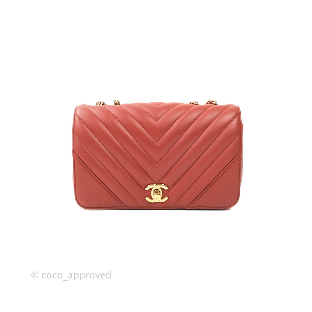 Chanel Small Statement Chevron Flap Bag Red Lambskin Gold Hardware