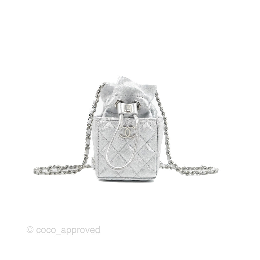 Chanel Mini Drawstring Bucket Bag with Chain Metallic Silver Calfskin  Silver Hardware