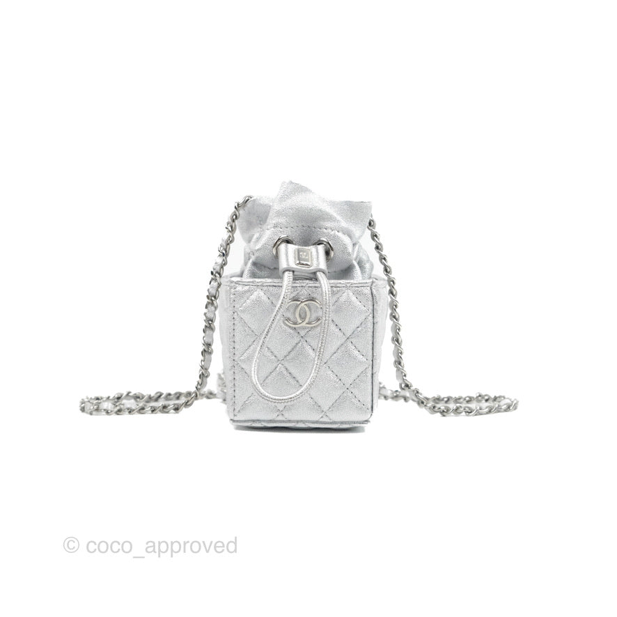 Chanel Mini Drawstring Bucket Bag with Chain Metallic Silver Calfskin Silver Hardware