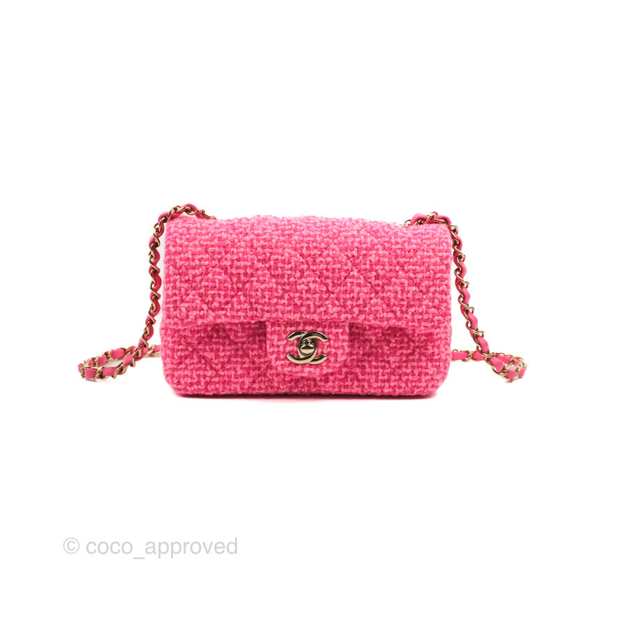 Chanel Quilted Mini Rectangular Flap Dark Pink Tweed Gold Hardware