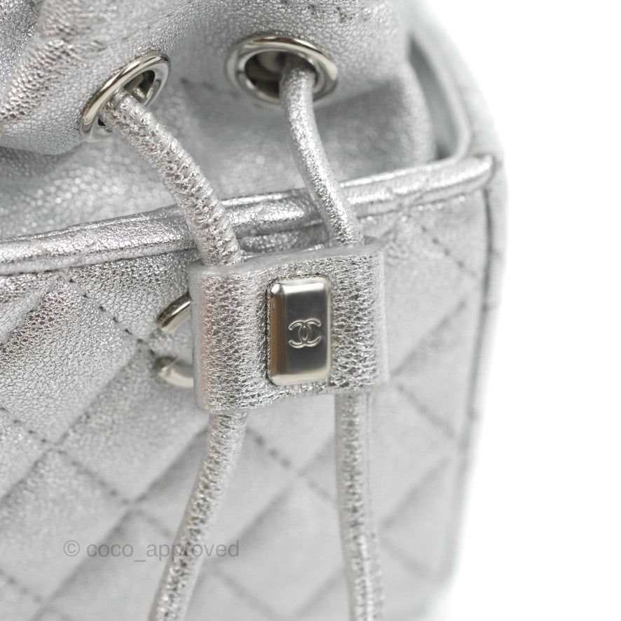 Chanel Metallic Caviar Quilted Mini Drawstring Bucket Bag Silver