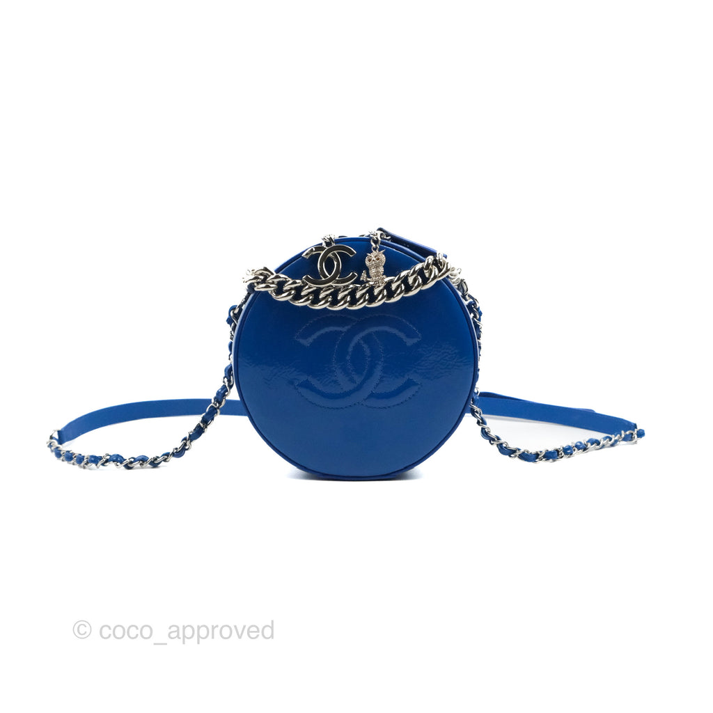 Chanel Round As Earth Bag with Owl Charm Blue Patent Silver Hardware