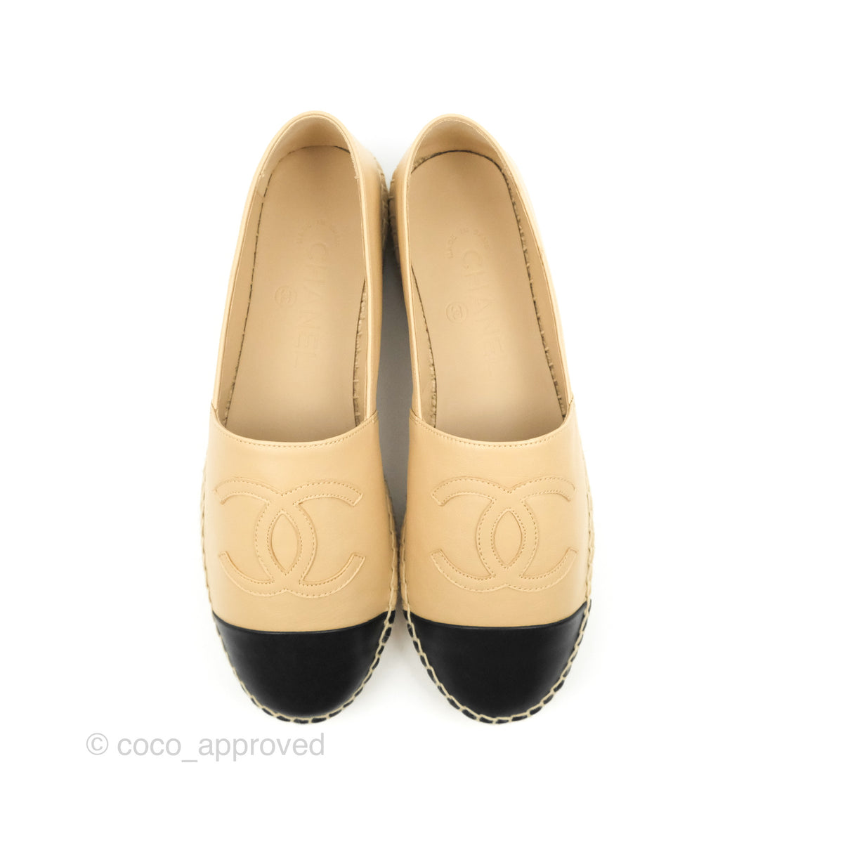 Chanel CC Espadrilles Beige Black Lambskin Size 38 – Coco Approved Studio