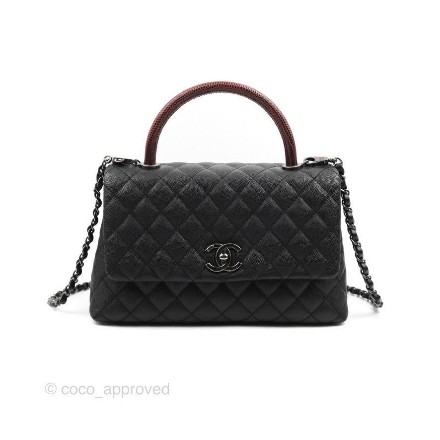 Chanel Medium Coco Handle Quilted Black Caviar Lizard Handle Ruthenium Hardware