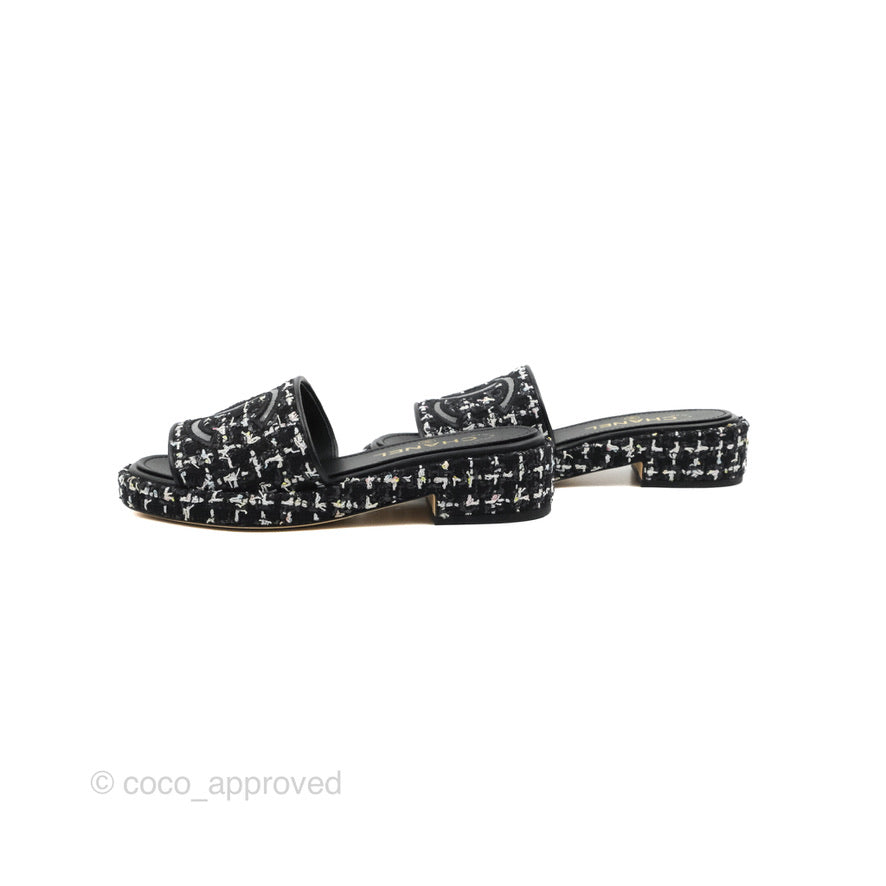 Chanel CC Sandals Black Tweed Size 35