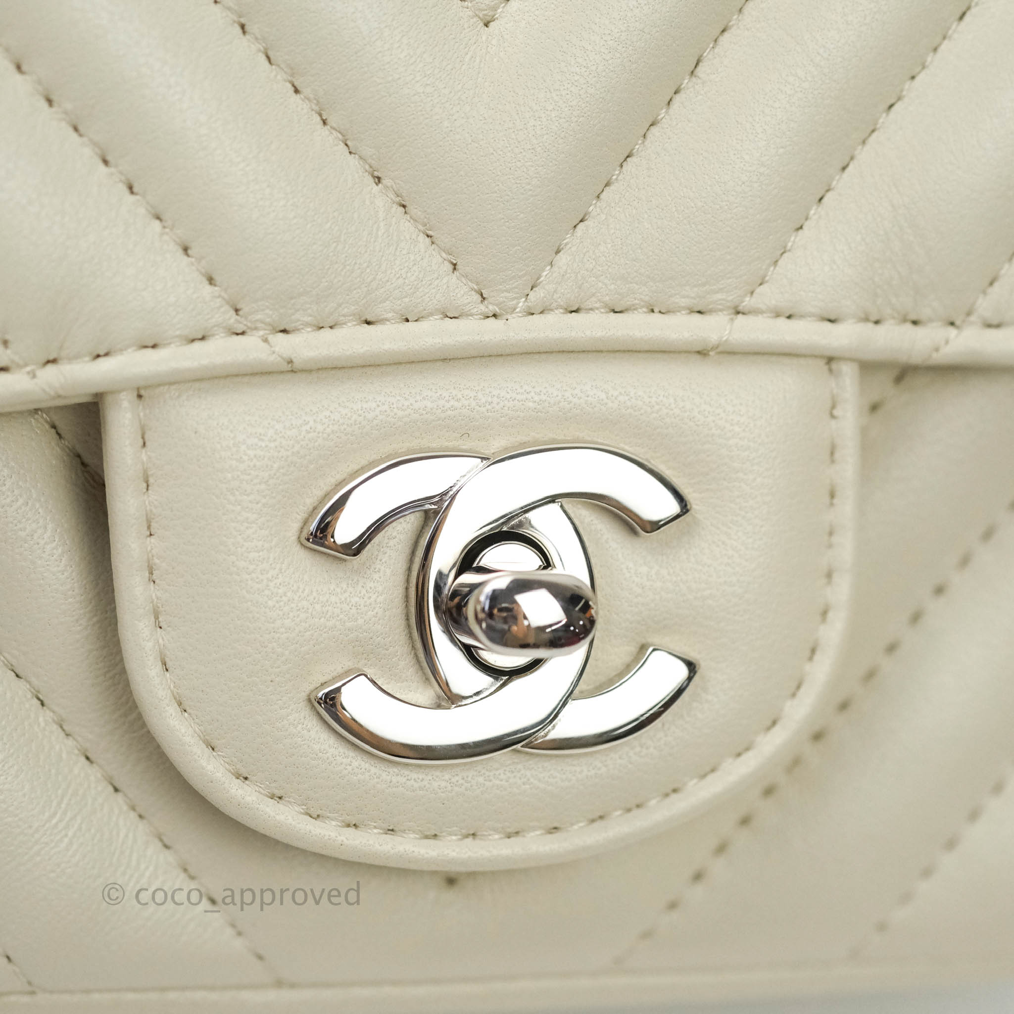 Chanel Mini Square Chevron White Ivory Lambskin Silver Hardware – Coco  Approved Studio