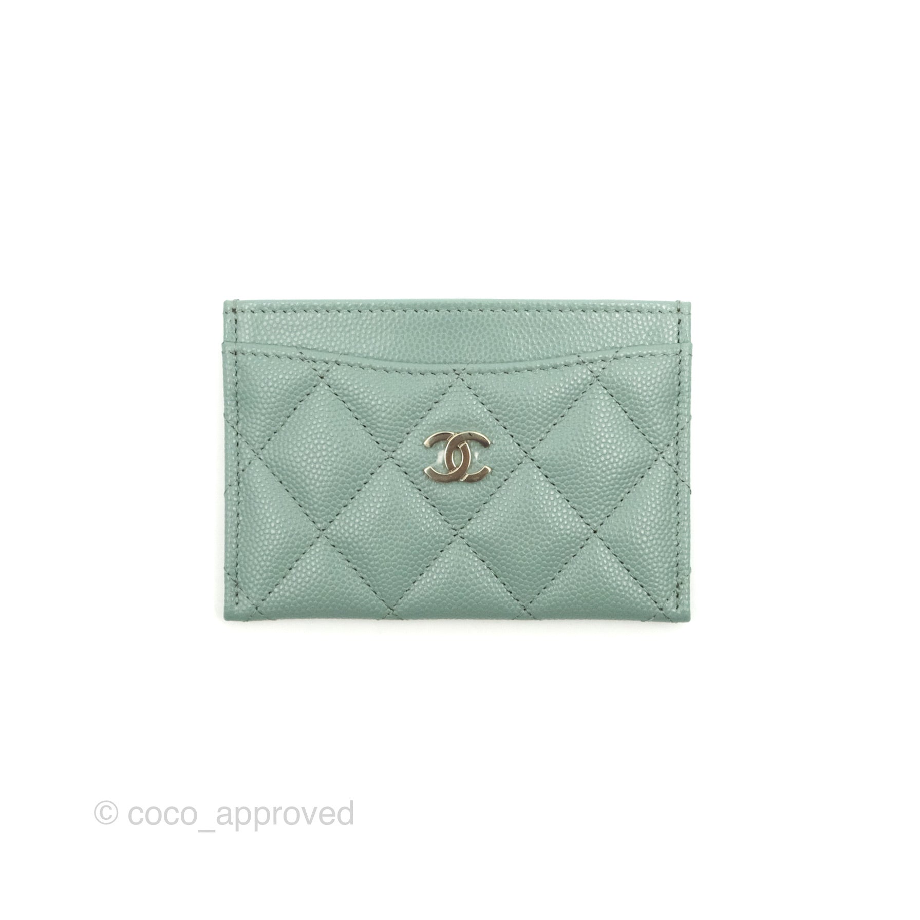 Chanel Classic Flat Card Holder Blue Tiffany Green Caviar Gold Hardwar –  Coco Approved Studio