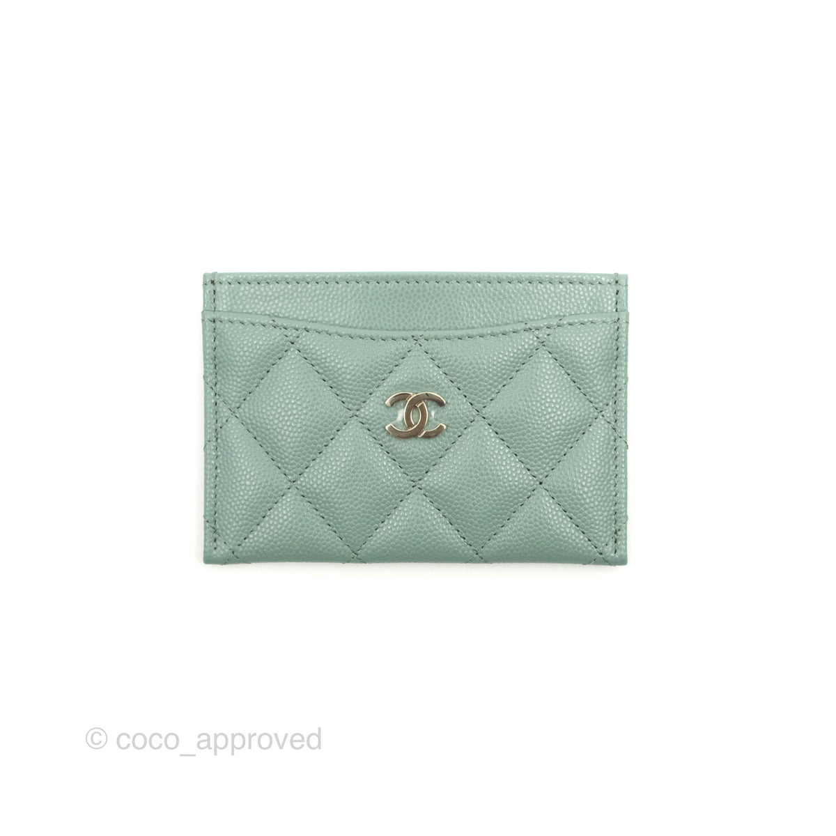 Chanel Classic Flat Card Holder Blue Tiffany Green Caviar Gold