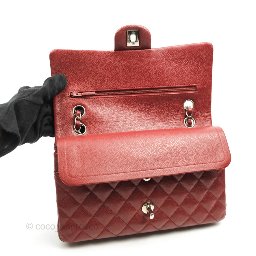 Chanel Classic M/L Medium Double Flap Dark Red Caviar Silver Hardware