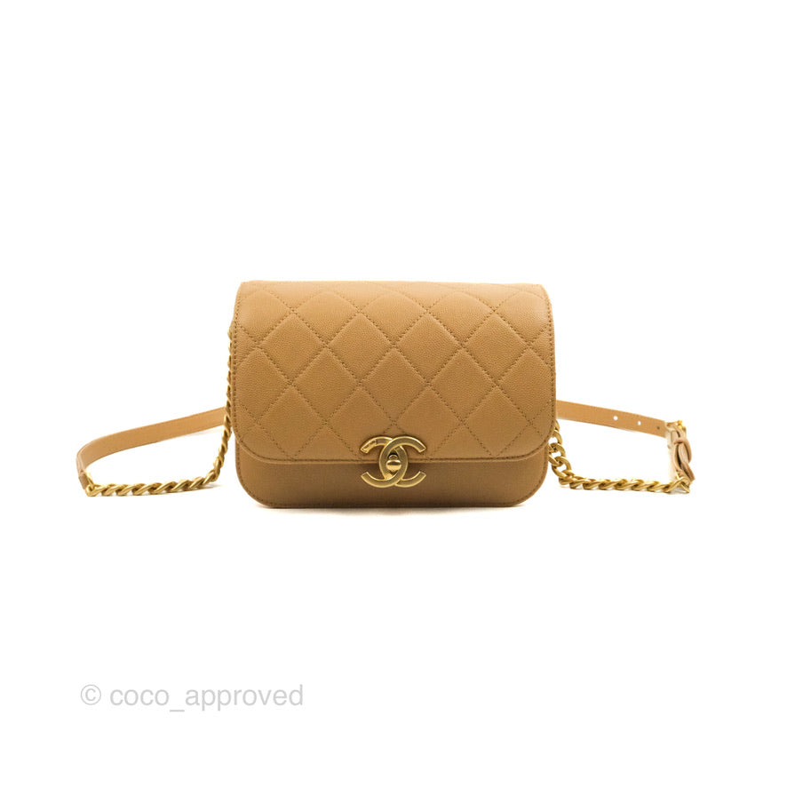Chanel Mini Messenger Bag Beige Caviar Gold Hardware 21K