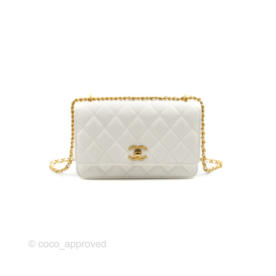 Chanel Quilted Double Chain WOC White Shiny Lambskin Aged Gold