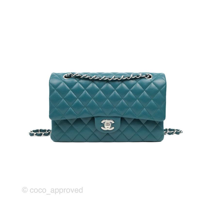 Chanel Classic M/L Medium Flap Quilted Teal Caviar Silver Hardware