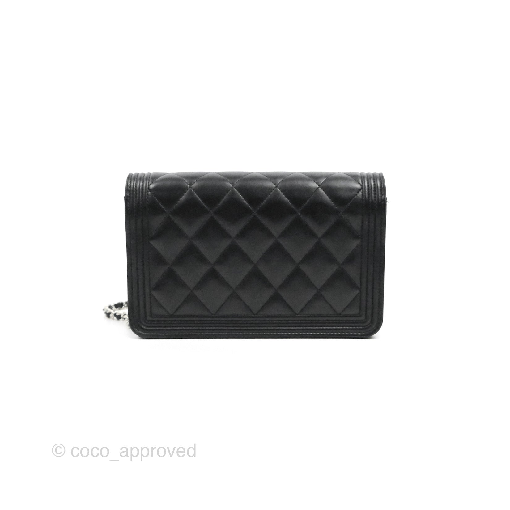 Chanel Quilted Boy Wallet on Chain WOC Black Lambskin Silver