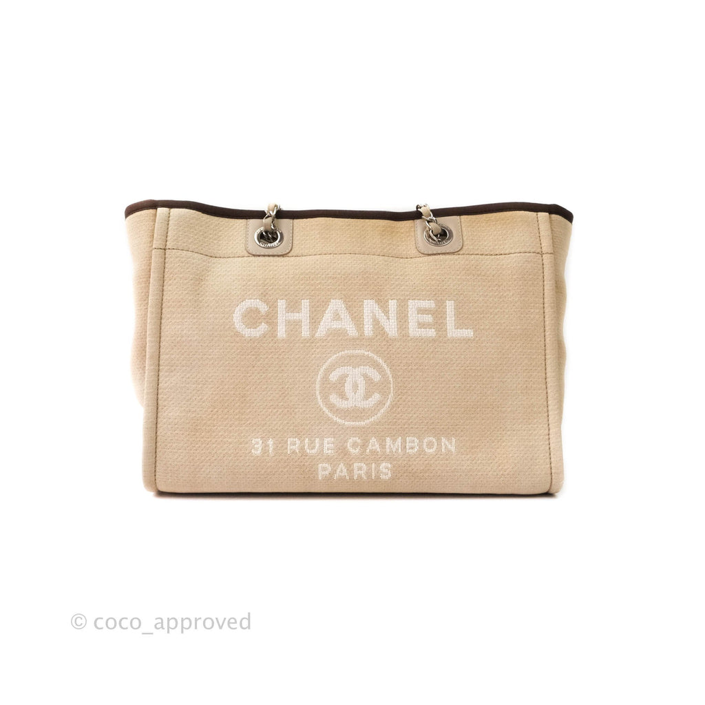 Chanel Canvas Deauville Medium Tote Beige Silver Hardware