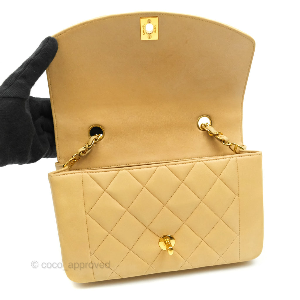 Chanel Small Vintage Quilted Classic Diana Flap Bag Beige Lambskin 24K Gold Hardware