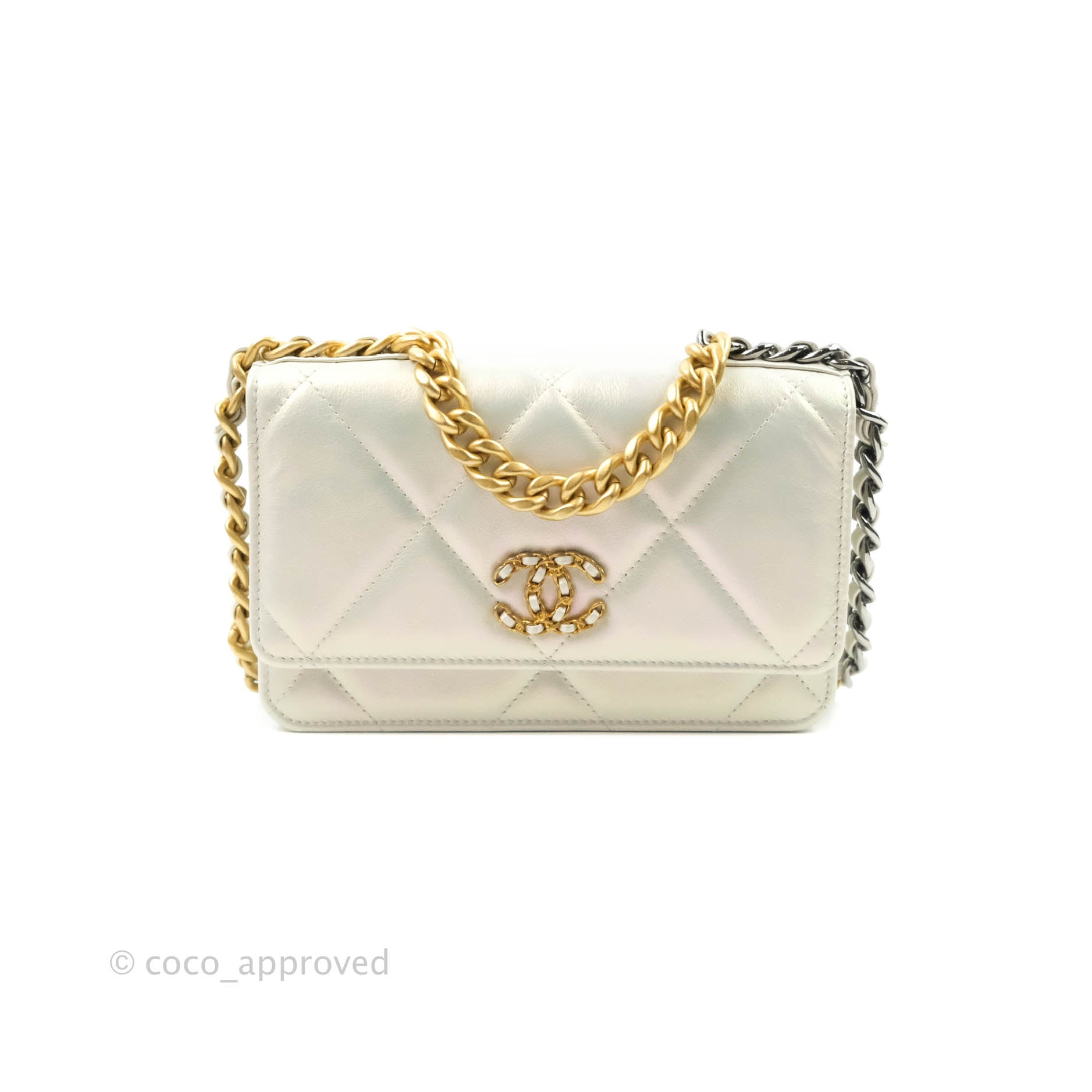 Chanel 19 Quilted Wallet on Chain WOC Iridescent White Mixed