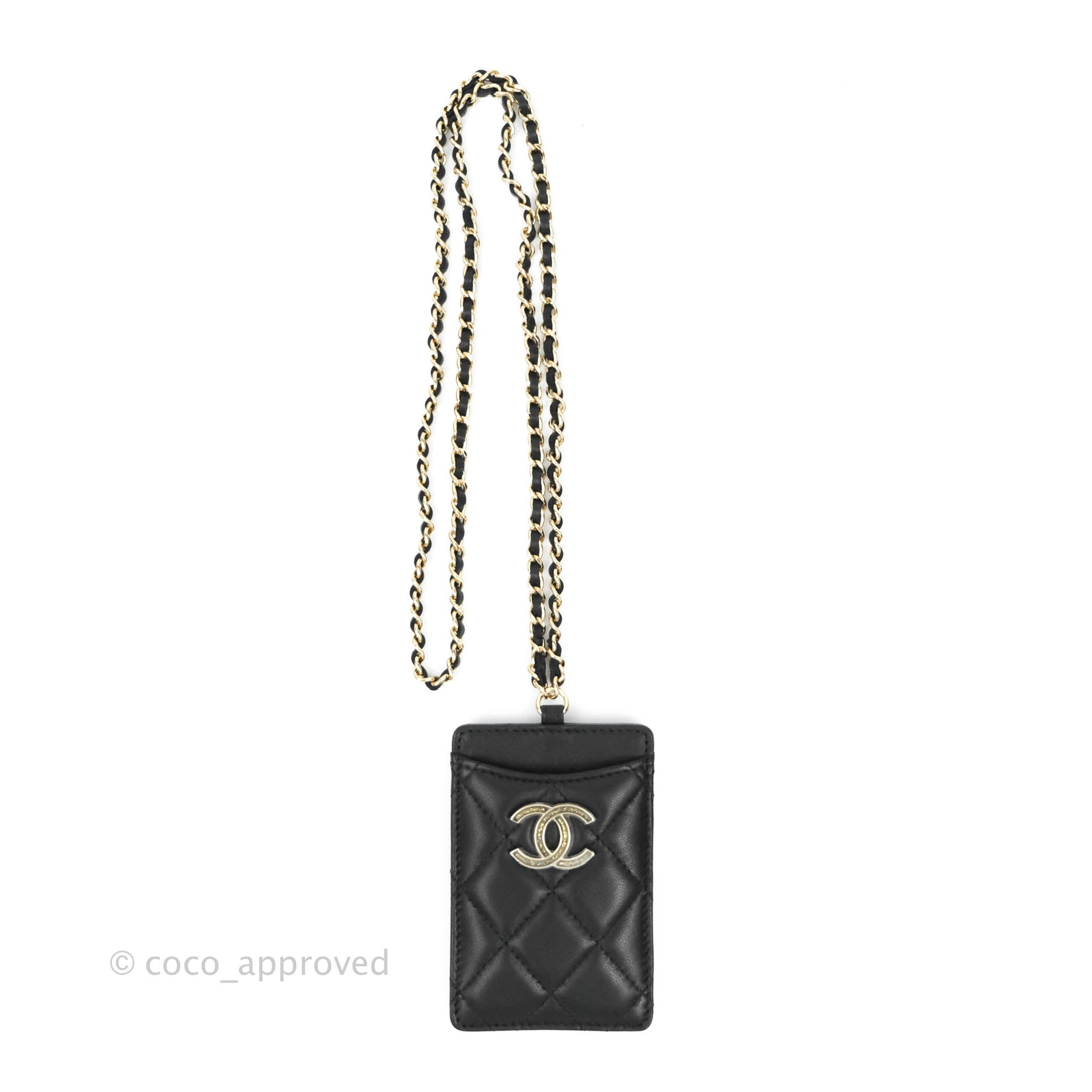 CHANEL Denim Quilted Double You Card Holder On Chain Black Golden 1290845