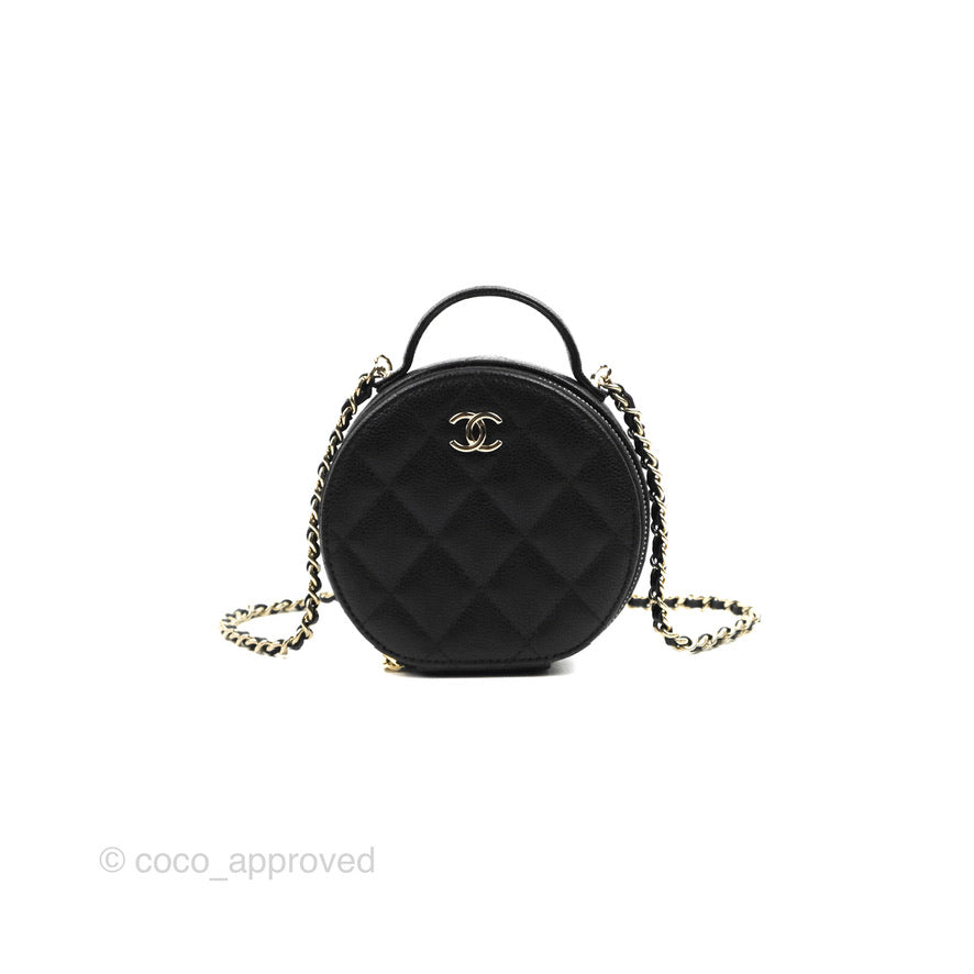 Chanel Mini Round Vanity Bag Handle With Care Black Caviar 22C