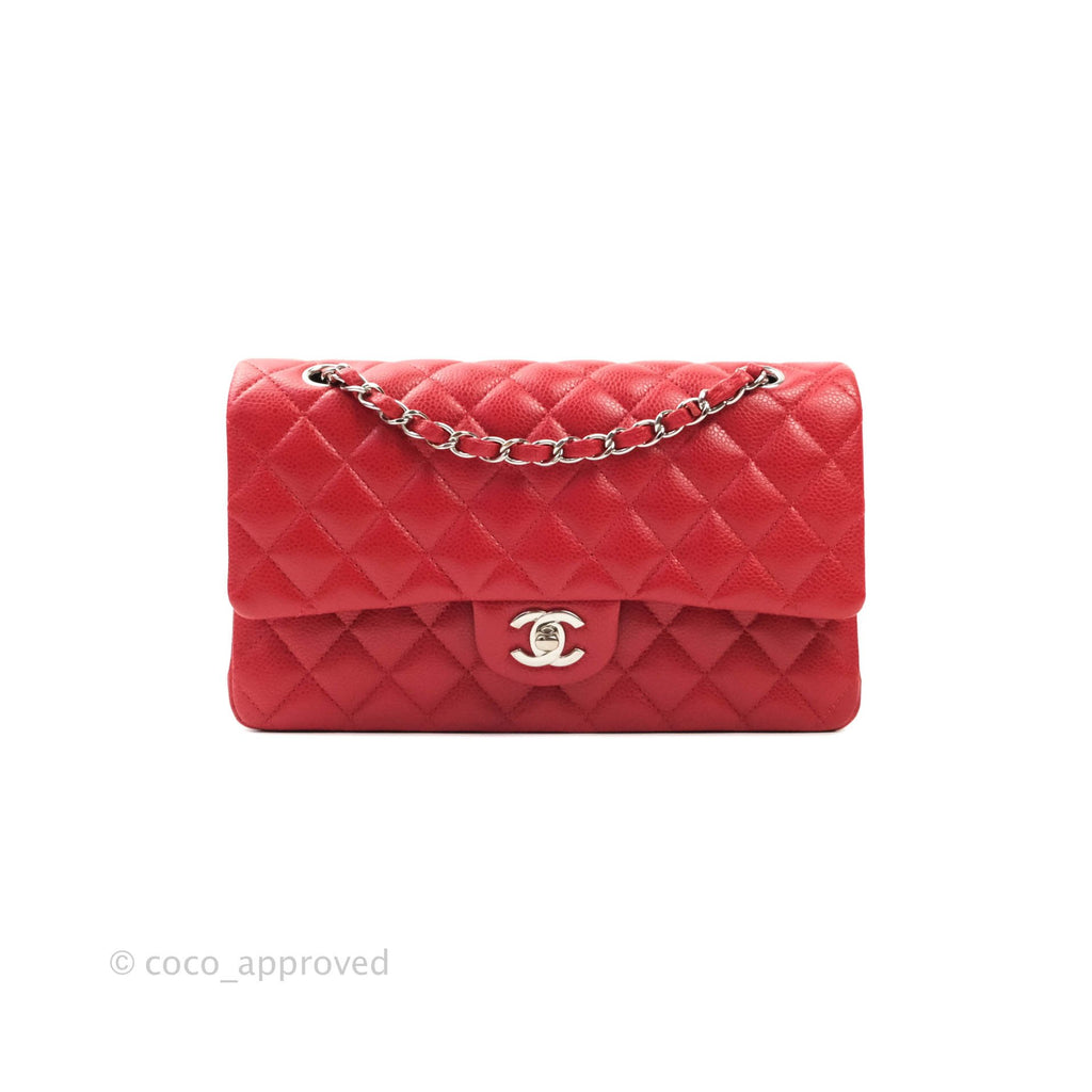 Chanel Classic Double Flap Quilted Caviar Silver-tone Jumbo Red - US