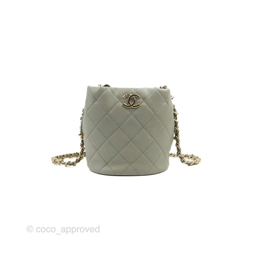 Chanel Quilted Drawstring Bucket Bag Grey Lambskin Gold Hardware 22C