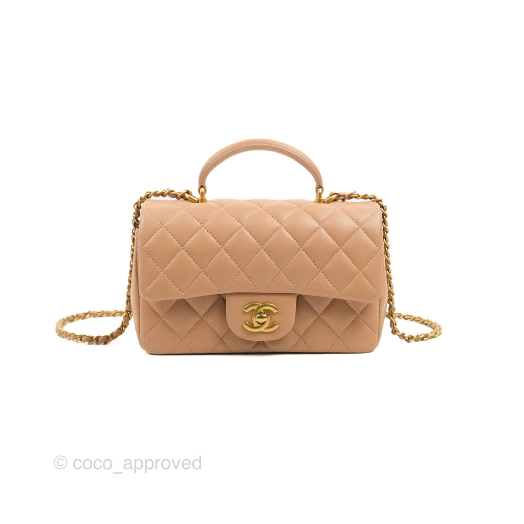 Chanel Top Handle Mini Rectangular Flap Bag Beige Lambskin Gold Hardware
