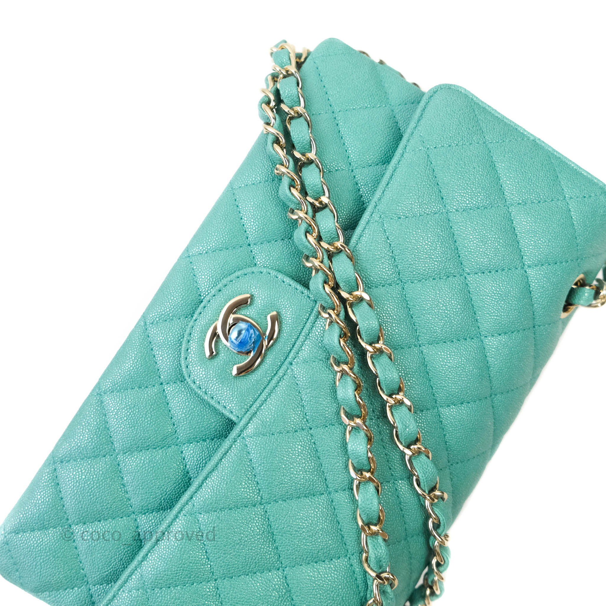 18S Chanel Caviar Iridescent Blue Small Classic Double Flap Bag