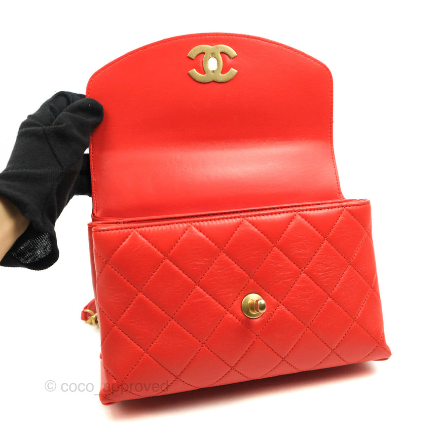 Chanel Top Handle Flap Bag Red Lambskin Aged Gold Hardware