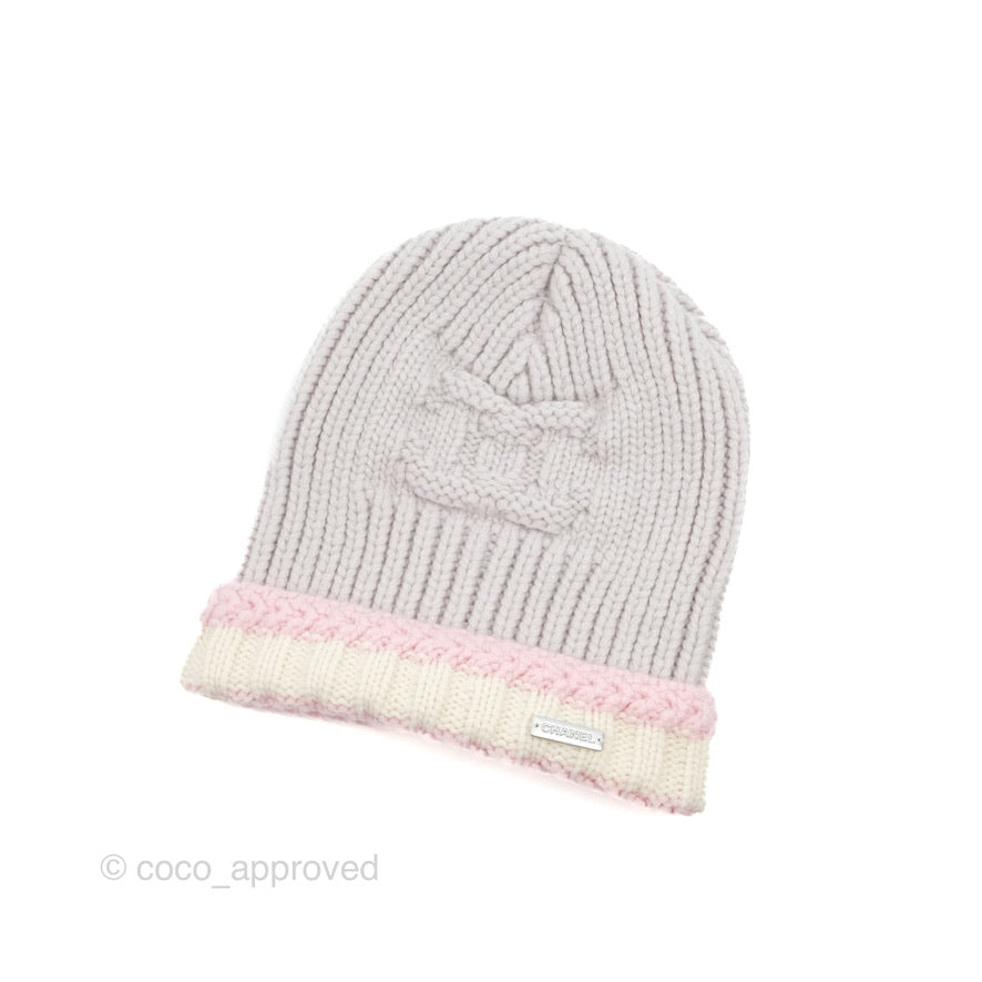 Chanel Cashmere CC Beanie Hat Light Grey / Light Pink / White
