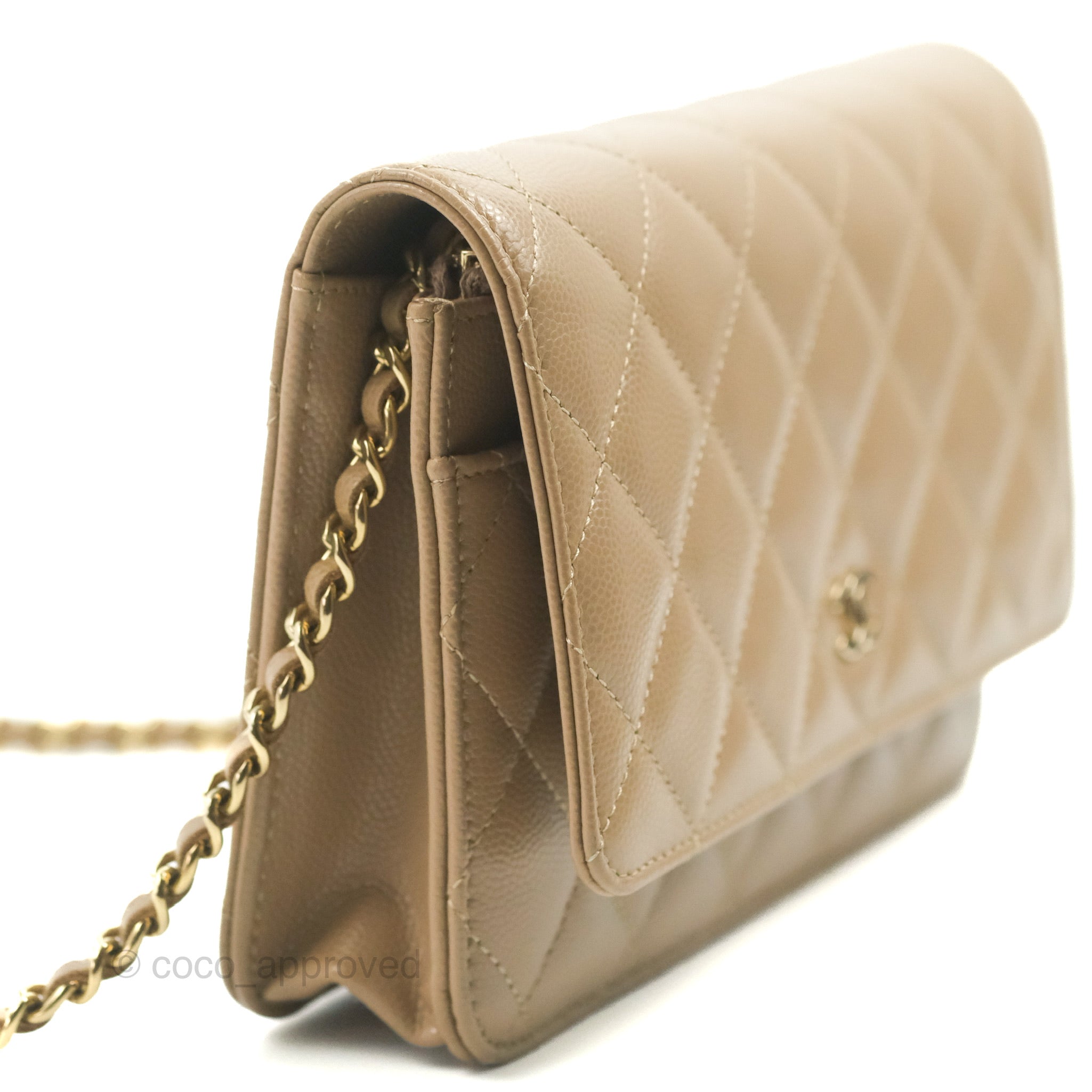 Chanel Quilted Classic Wallet on Chain WOC Dark Beige Caviar Gold Hard –  Coco Approved Studio