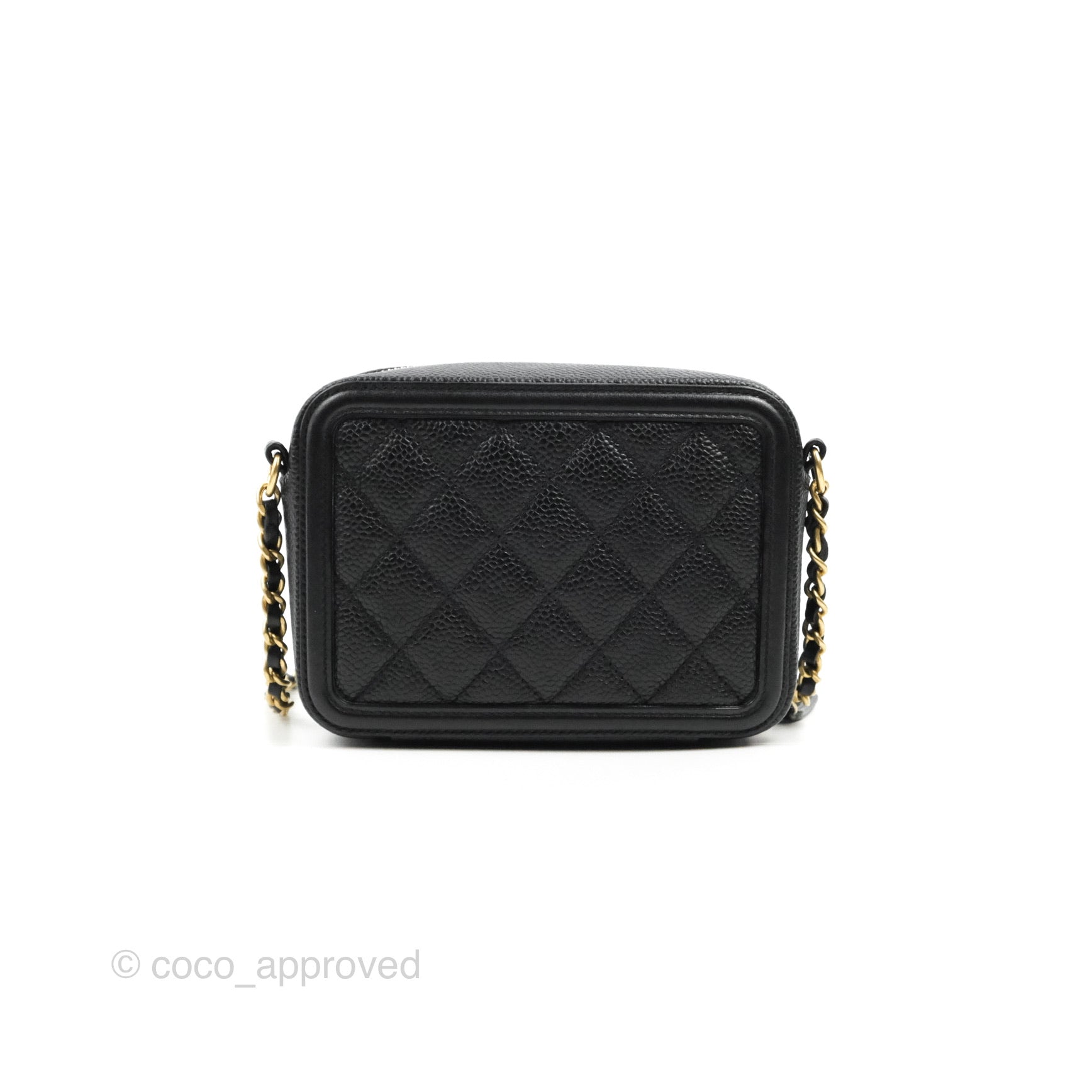 CHANEL Caviar Quilted Striped Small CC Filigree Vanity Case Black White  674021
