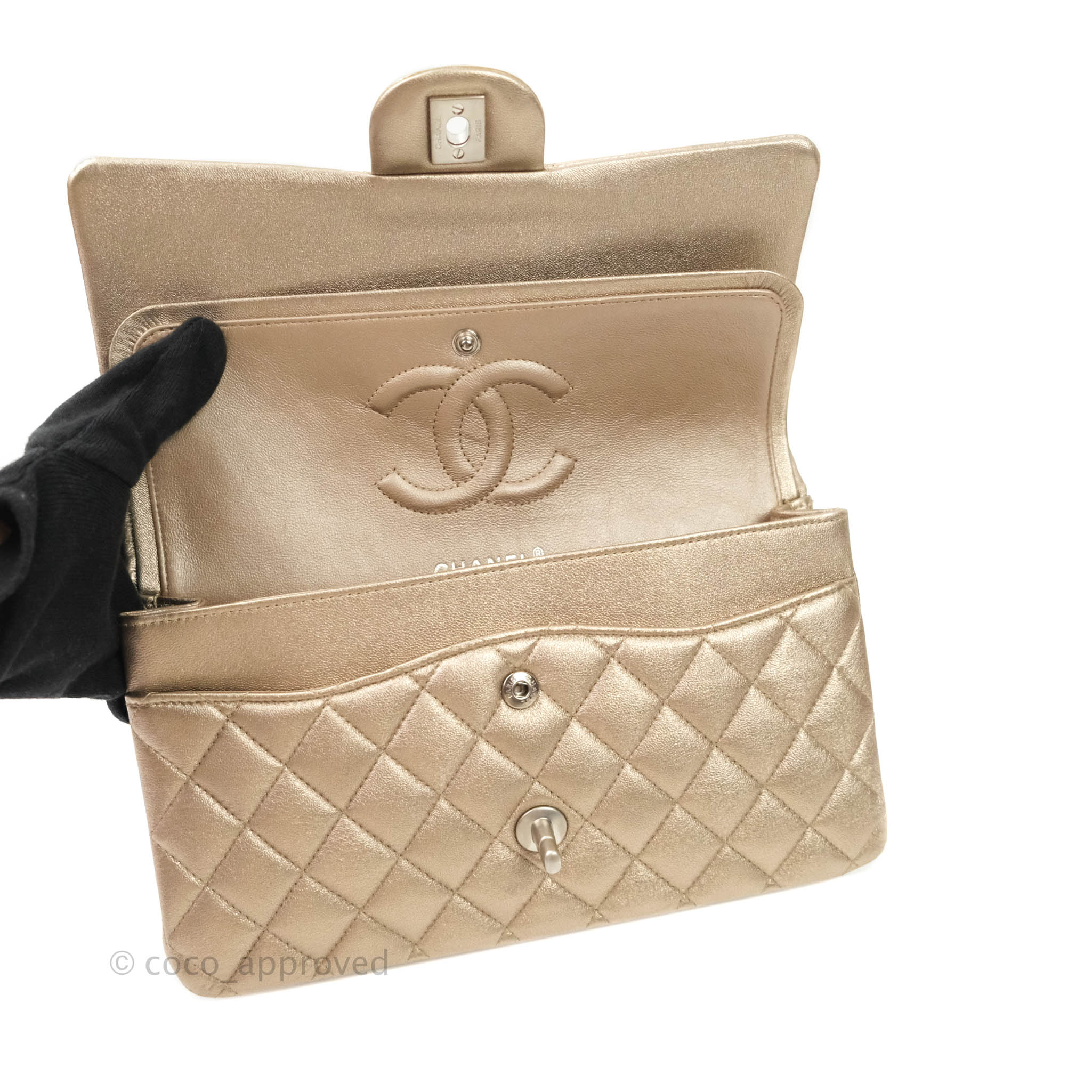 Chanel Classic M/L Medium Double Flap Metallic Bronze Lambskin Matte S –  Coco Approved Studio