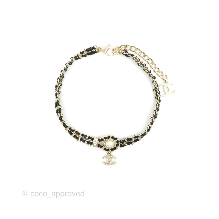 Chanel Black Leather Chain Braided Pearl Crystal CC Drop Choker Gold T –  Coco Approved Studio